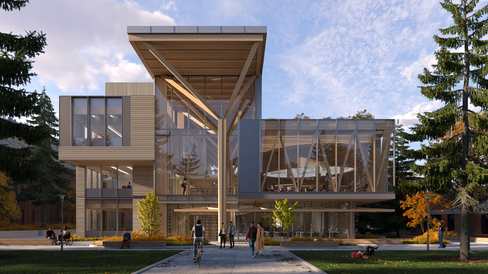 Rendering of main building entry with mass timber canopy and glazing