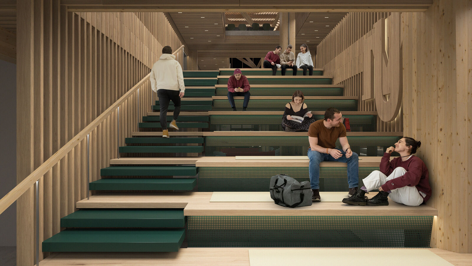 Rendering of central grandstand stair with mass timber and green accents