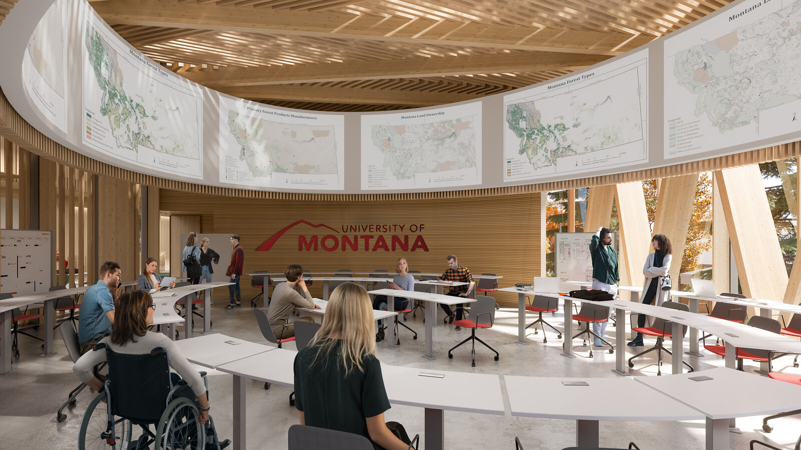 Rendering of circle-in-the-round classroom with 360-degree screens