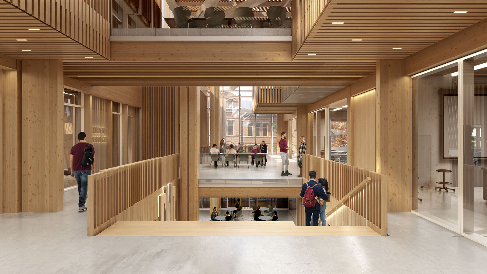 Rendering of mass timber atrium, looking down a set of stairs