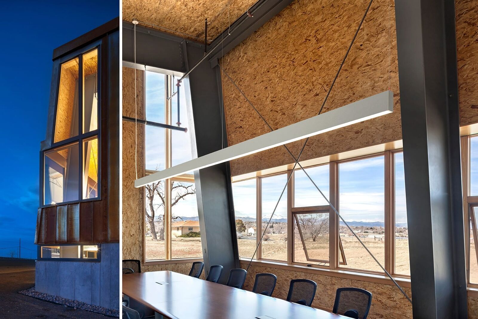 outside view of corner of the building next to interior shot of conference room area. 