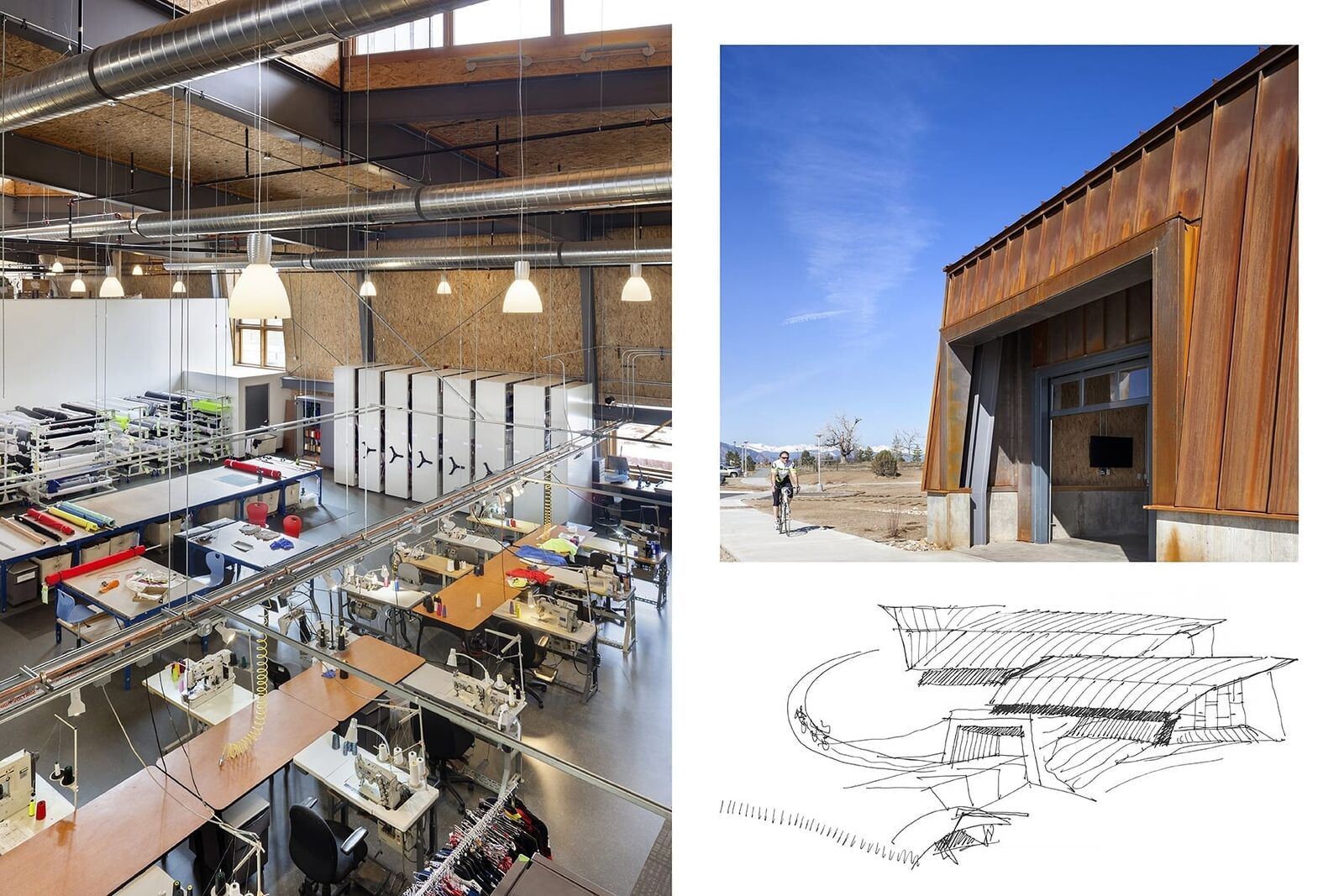 drawing of exterior of building and bike path next to actual building exterior and man riding a bike. Along with downward view of lab space with workstations. 