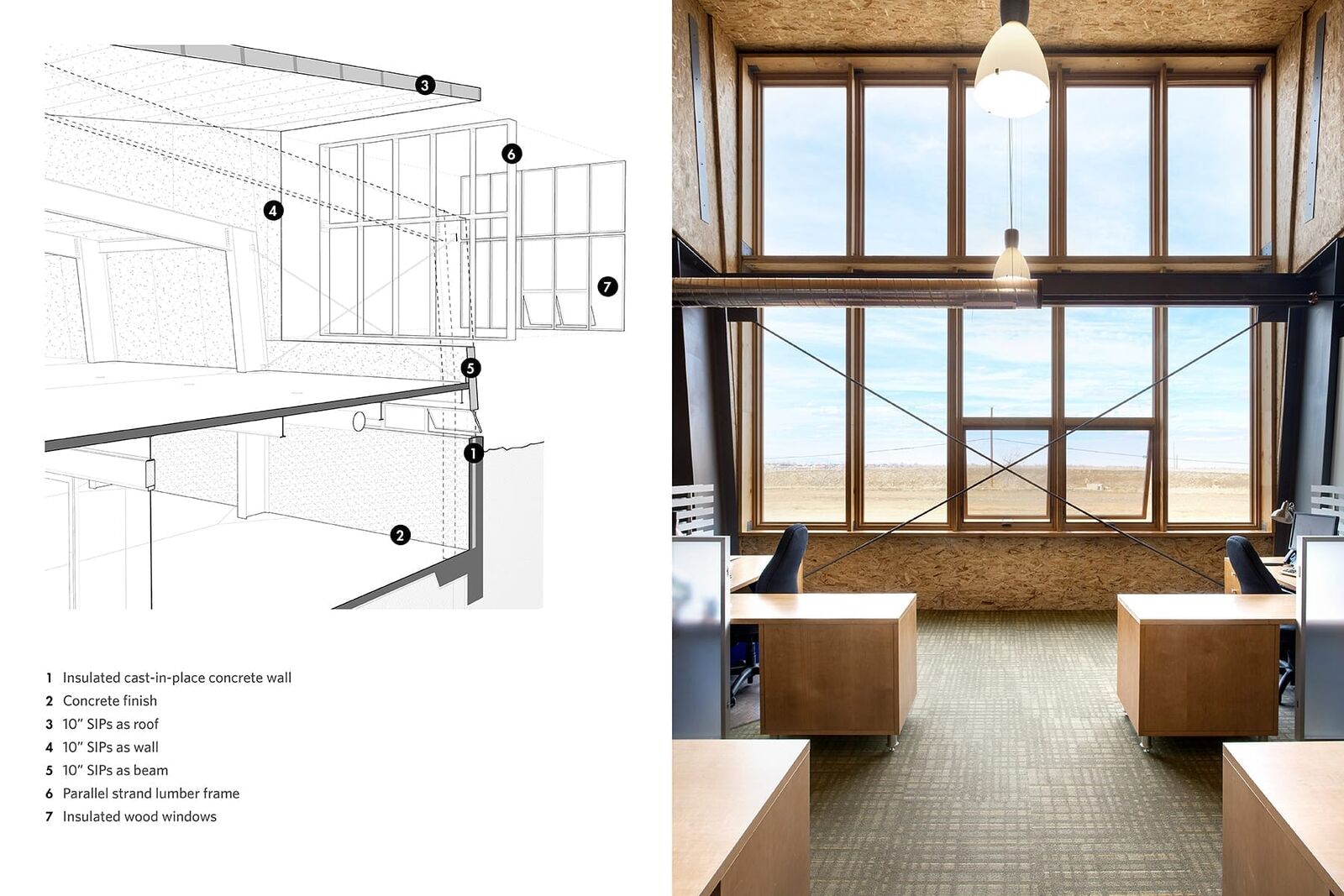 drawing of office space next to actual office space with desks and windows looking outside. 