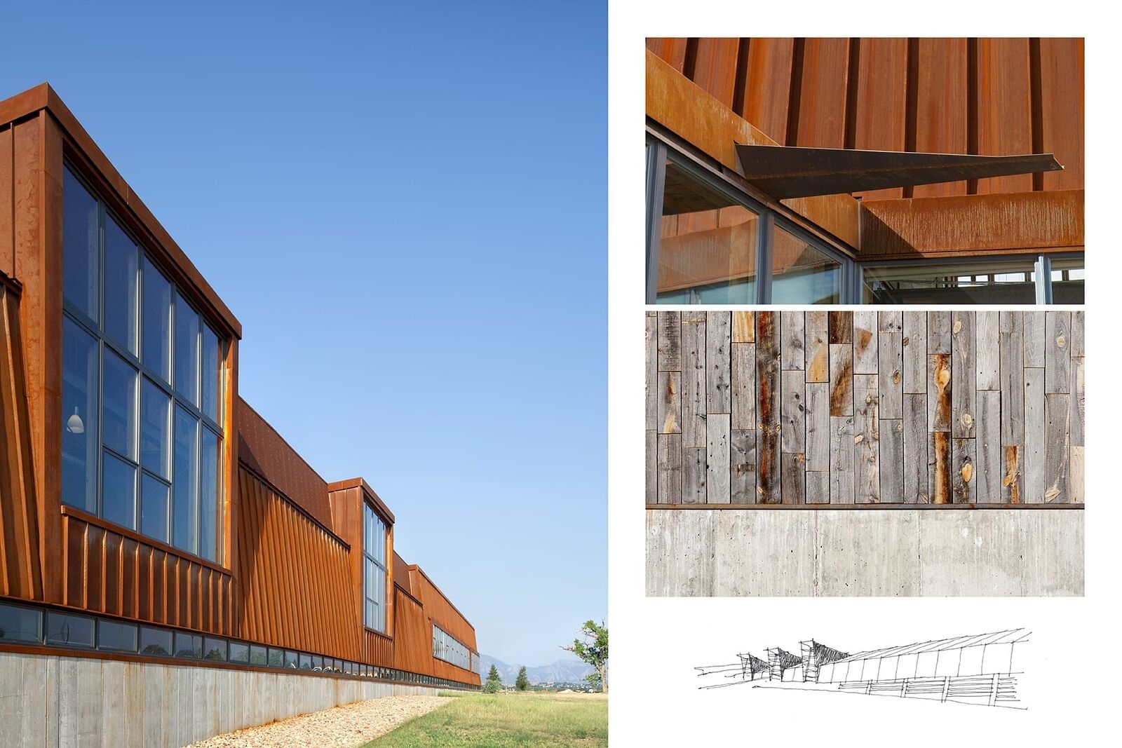 large windows along the building with wood material closeup and drawing of the plan