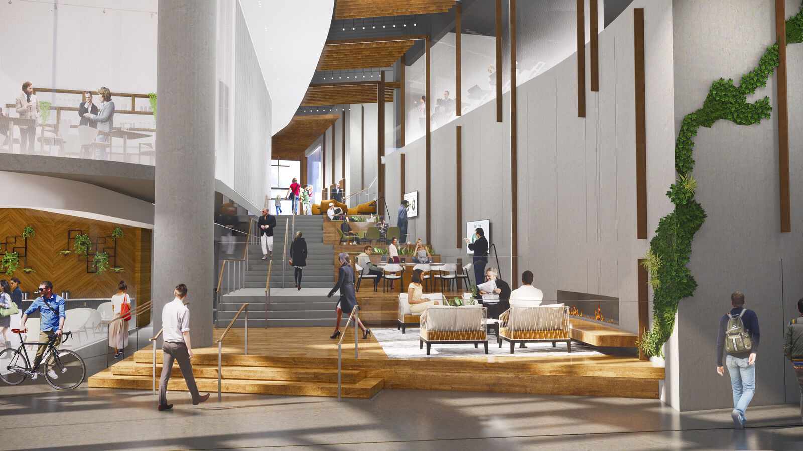 Building lobby with post trip facilities and meeting spaces