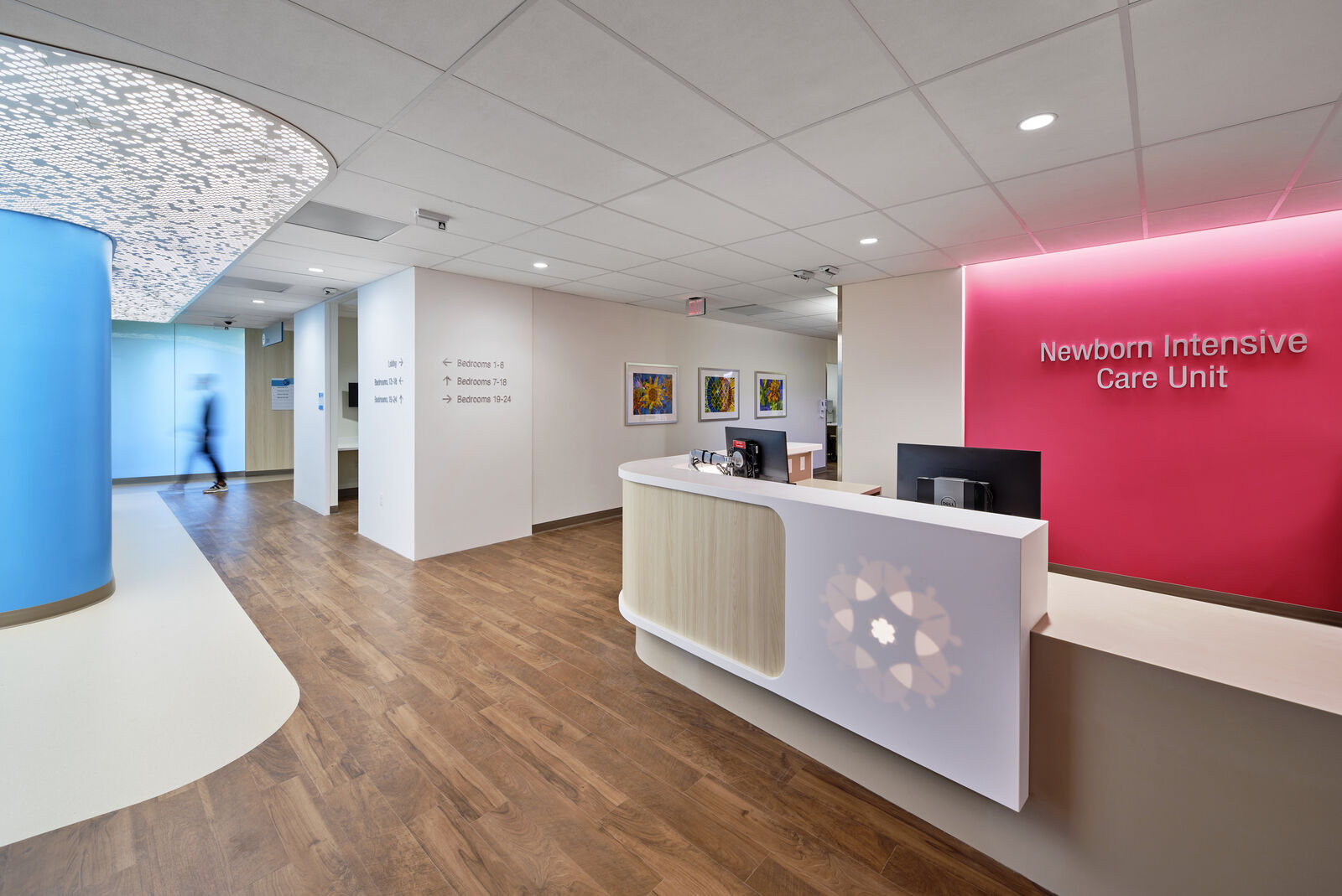 Photograph of Newborn Intensive Care Unit check-in desk and corridor in the new Critical Care Building
