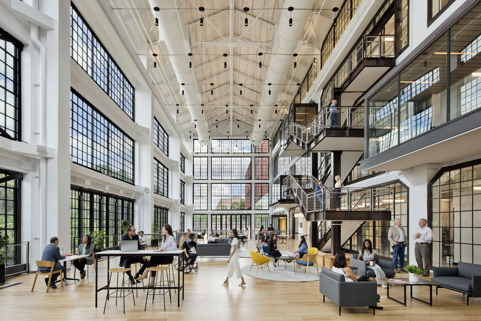 Tenants gather in the renovated crane shed to meet and collaborate