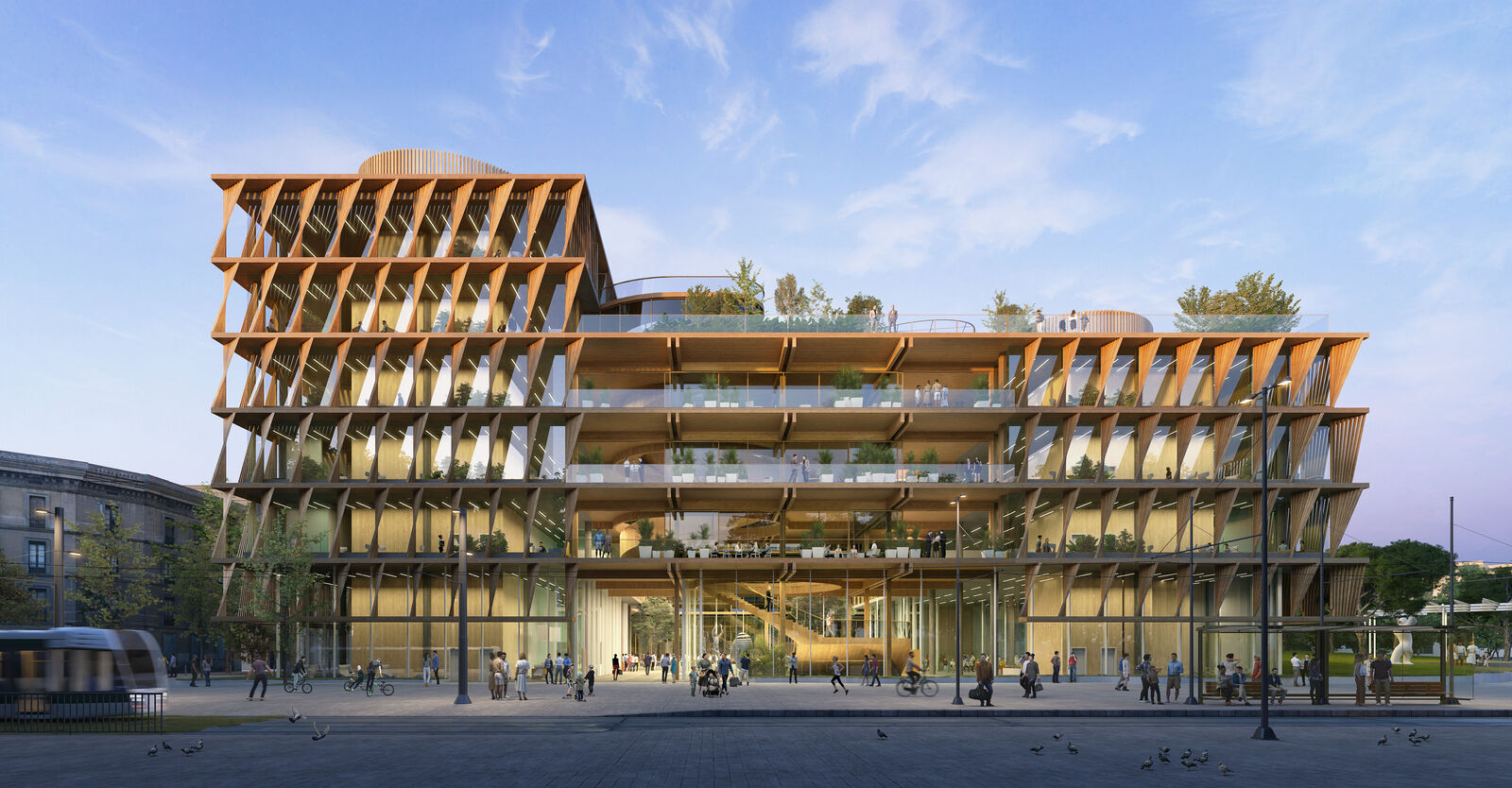 Exterior rendering of illuminated mass timber building against skyline.