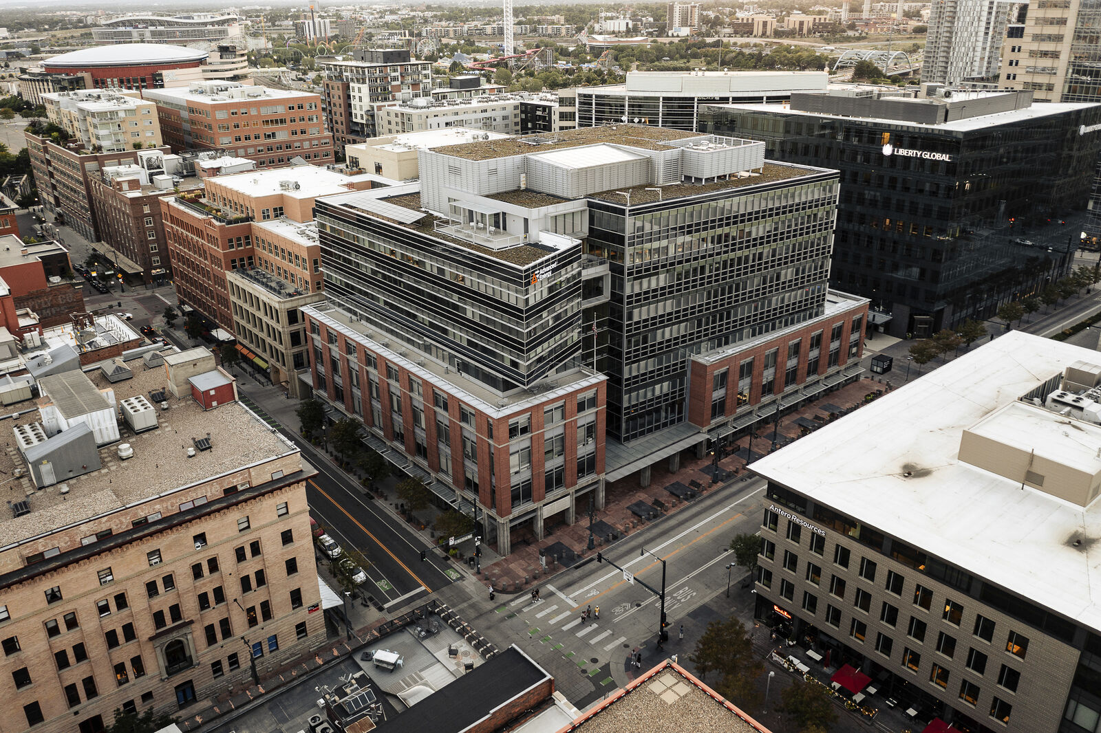 Aerial shot of building exterior in urban context