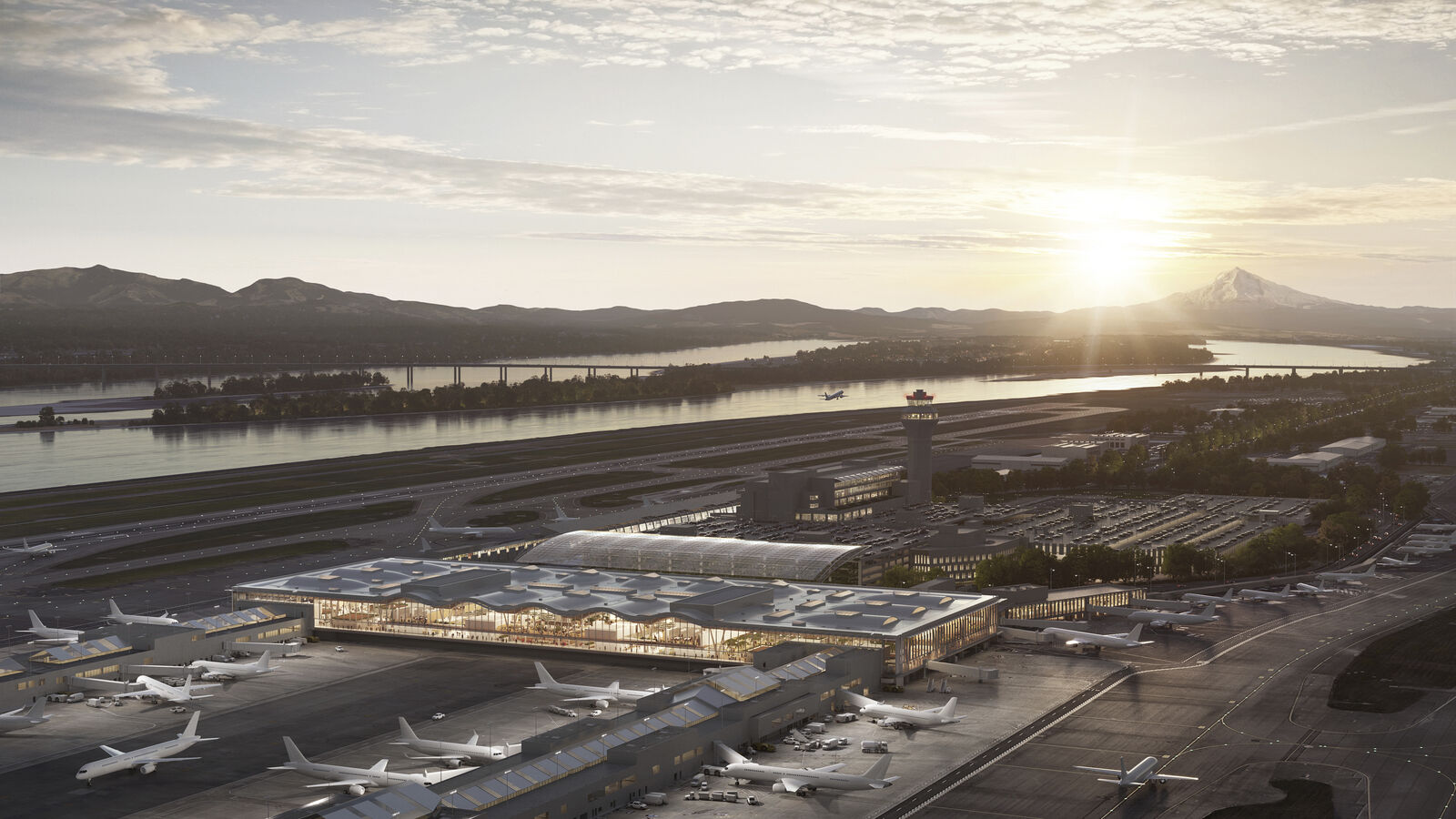 Rendering of airport terminal in front of a natural backdrop