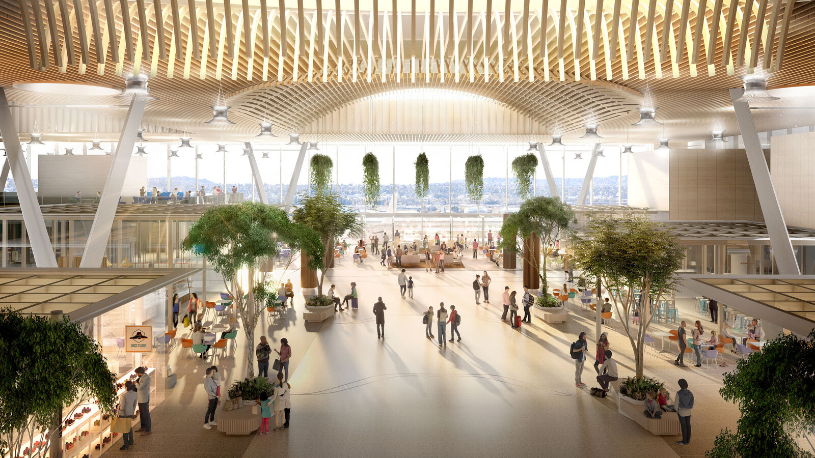 A wood lattice ceiling hangs over restaurants and shops at the Portland International Airport