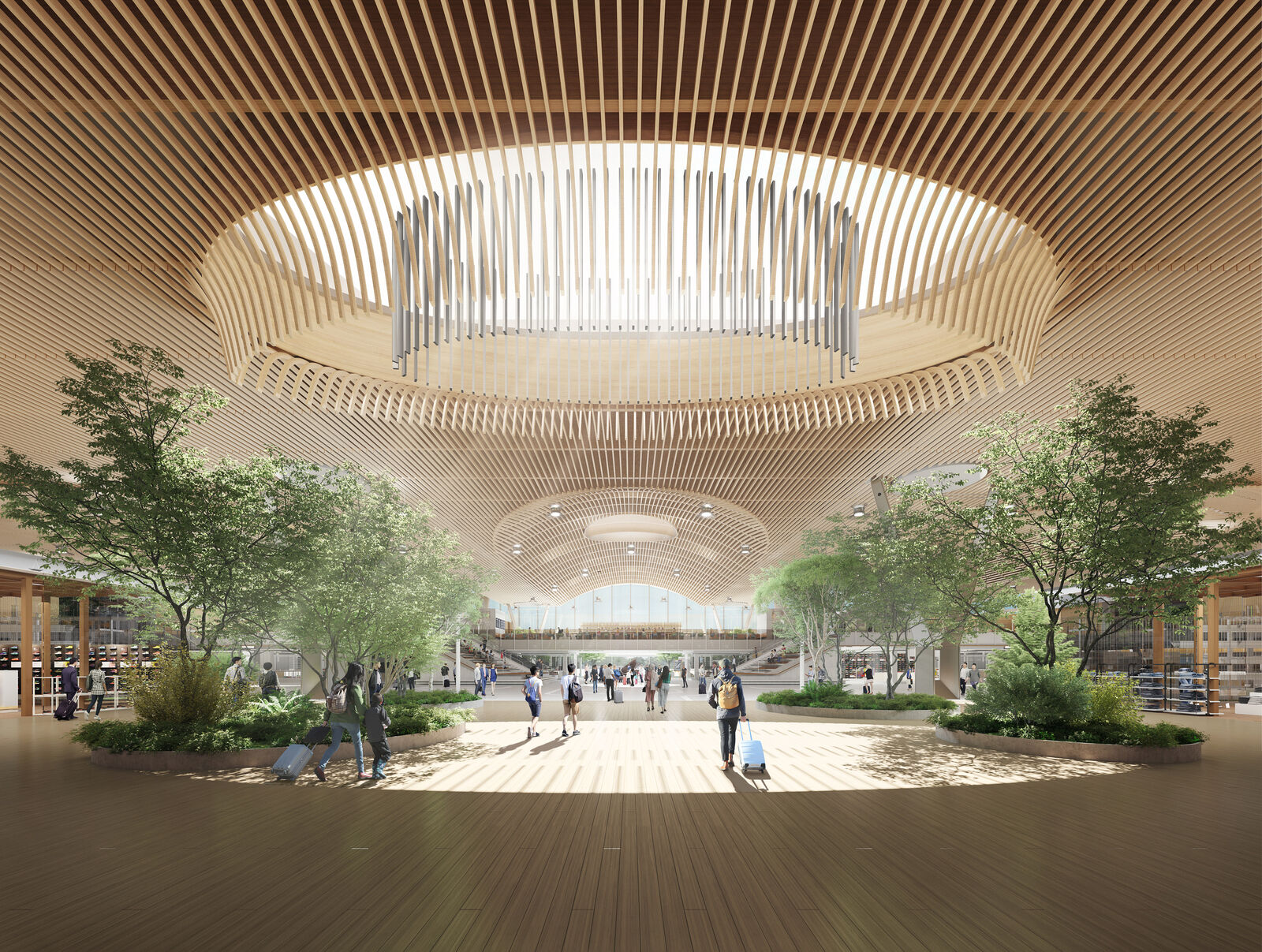 Rendering of atrium for Portland International Airport featuring wood paneling with light shining down on travlers