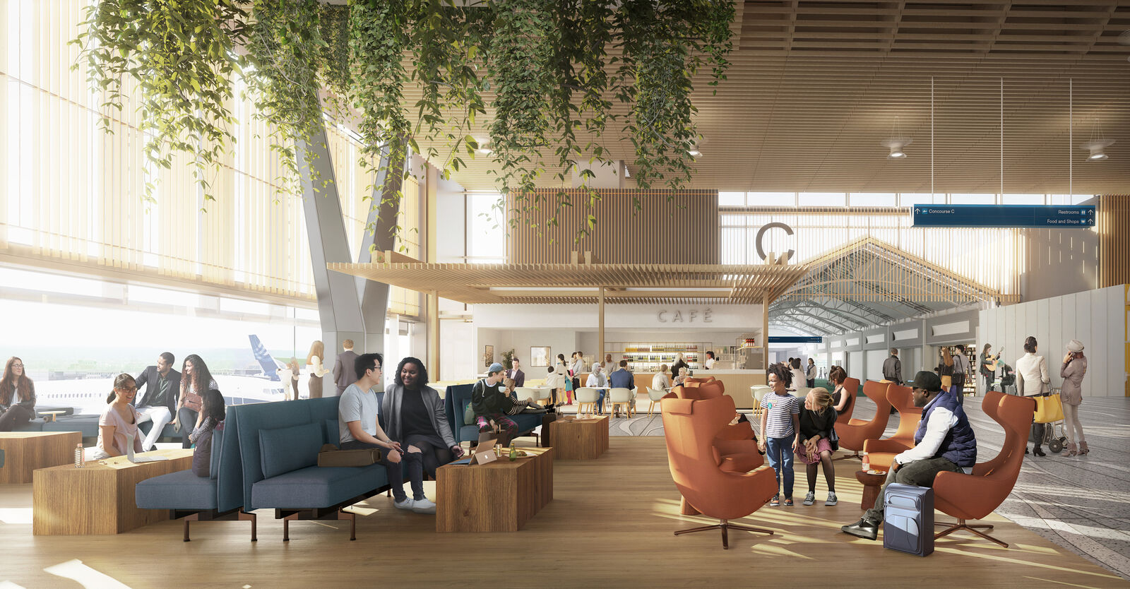 Rendering of passengers waiting in light-filled airport terminal