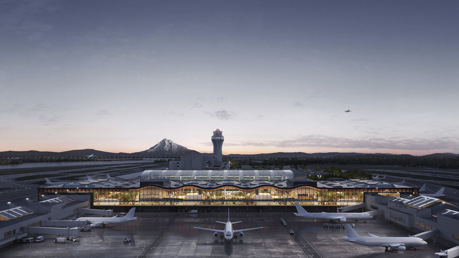 Rendering of large airport terminal illuminated against grey sky 