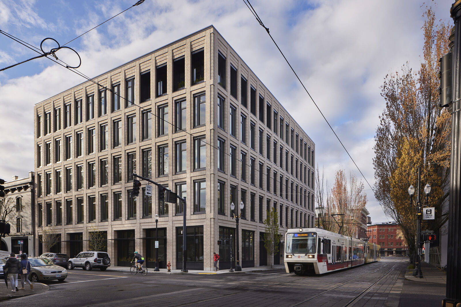 The modern façade of the mass timber constructed PAE Living Building