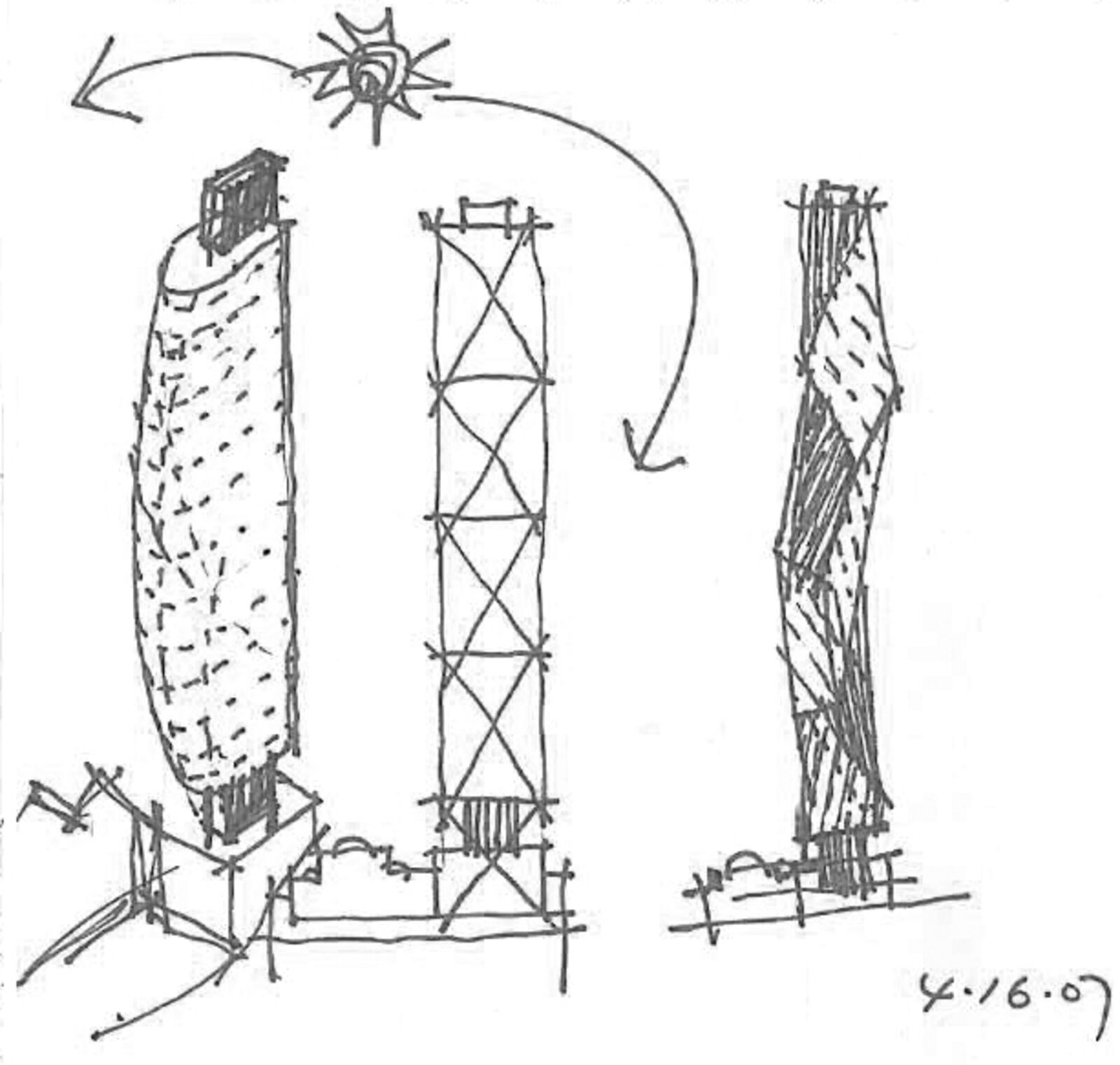 An early original sketch of 3 design concepts for F5 Tower, done by the architects