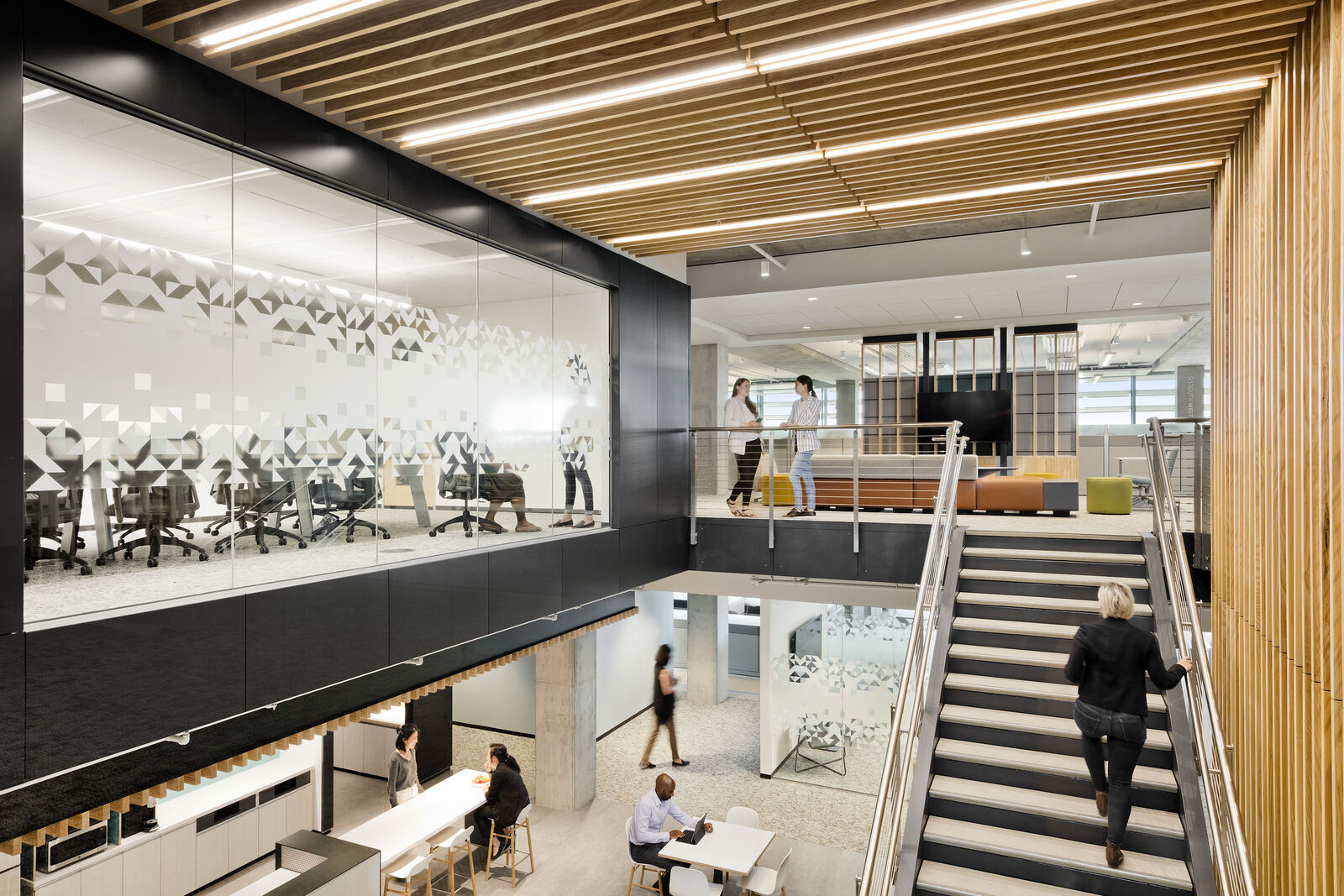 upper view of plaza staircase shows people walking