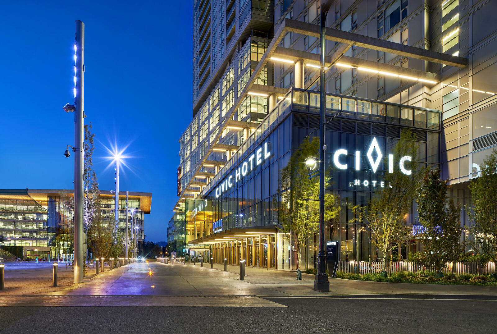 3 Civic Plaza building podium at night