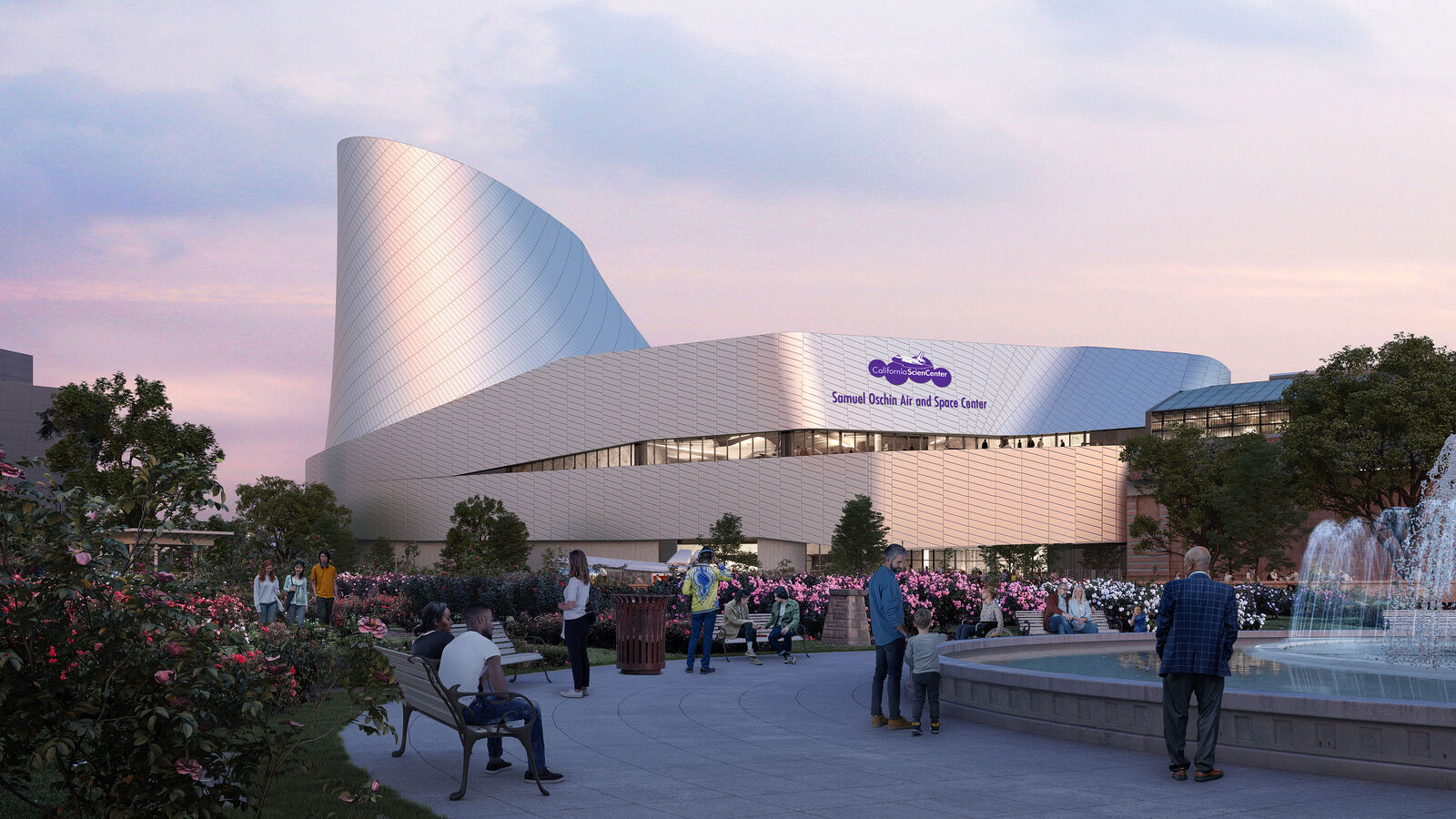 The façade of the new Samuel Oschin Air and Space Center at the California Science Center.