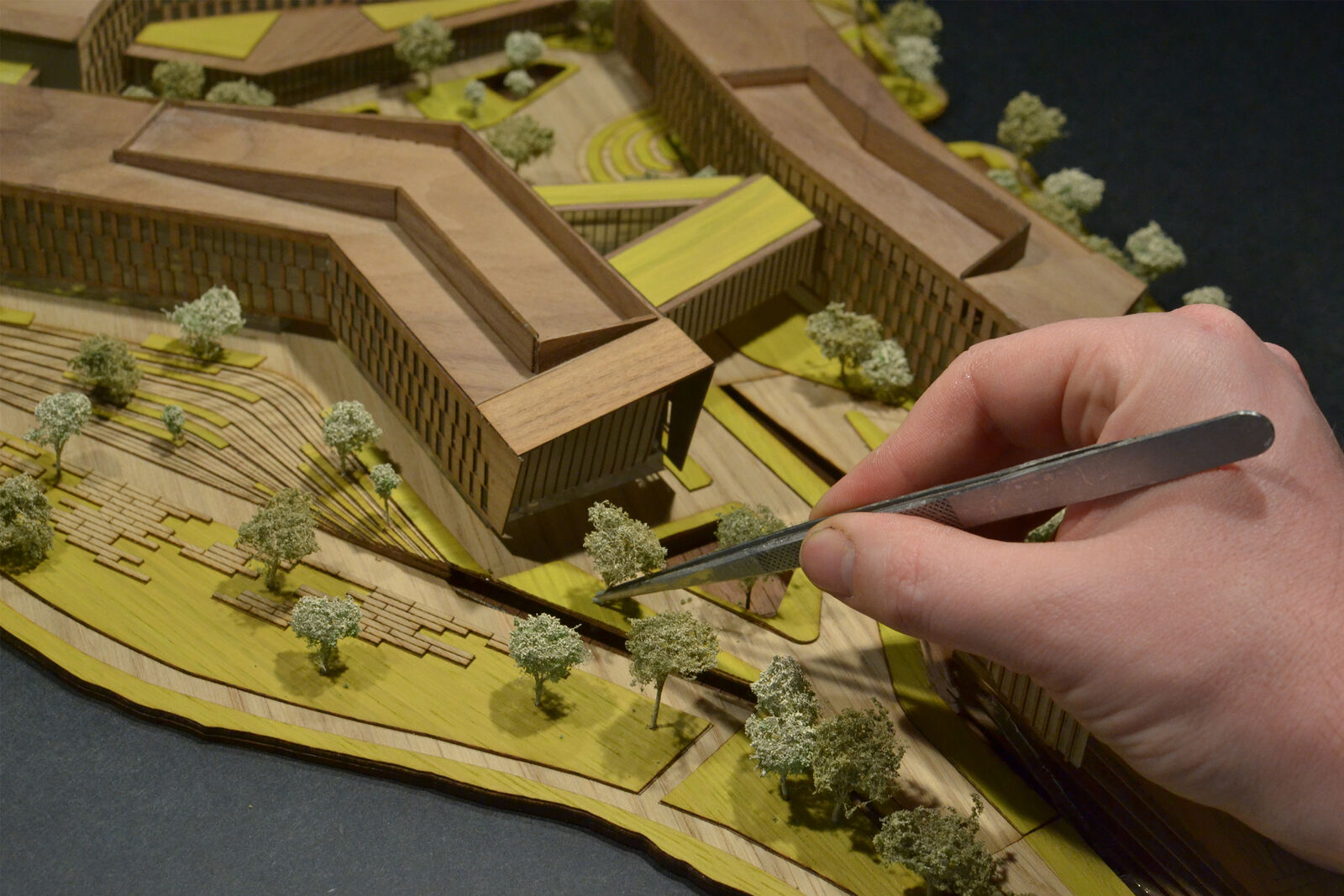 Close up of hand holding tweezers working on model construction.